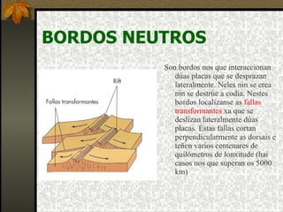 BORDOS NEUTROS Son bordos nos que interaccionan dúas placas que se desprazan lateralmente. Neles nin se crea nin se destrúe a codia. Nestes bordos localízanse as  fallas transformantes  xa que se deslizan lateralmente dúas placas. Estas fallas cortan perpendicularmente as dorsais e teñen varios centenares de quilómetros de lonxitude (hai casos nos que superan os 5000 km) 