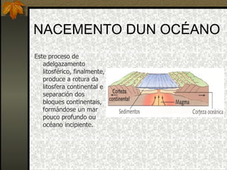 NACEMENTO DUN OCÉANO Este proceso de adelgazamento litosférico, finalmente, produce a rotura da litosfera continental e separación dos bloques continentais, formándose un mar pouco profundo ou océano incipiente. 