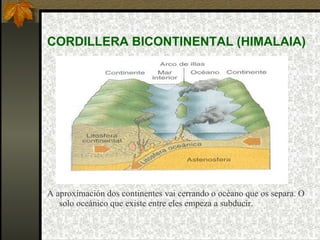 CORDILLERA BICONTINENTAL (HIMALAIA) A aproximación dos continentes vai cerrando o océano que os separa. O solo oceánico que existe entre eles empeza a subducir. 