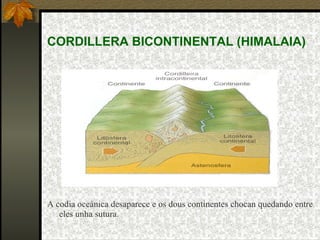 CORDILLERA BICONTINENTAL (HIMALAIA) A codia oceánica desaparece e os dous continentes chocan quedando entre eles unha sutura. 