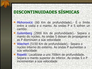 DISCONTINUIDADES SÍSMICAS Mohorovicic  (60 Km de profundidade).- É o límite entre a codia e o manto. As ondas P e S sofren un cambio  Gutemberg  (2900 Km de profundidade).- Separa o manto do núcleo. As ondas S deixan de propagarse e as P disminúen a súa velocidade  Wiechert  (5150 Km de profundidade).- Separa o nucleo interno do externo. As ondas P aumentan a súa velocidade  Repetti : Localízase a uns 700km de profundidade. Separa o manto superior do inferior. As ondas S e P incrementan a súa velocidade  