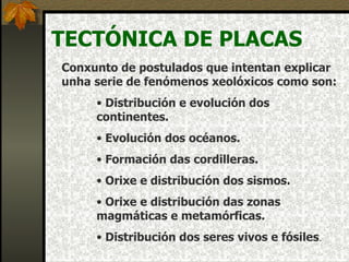 TECTÓNICA DE PLACAS Conxunto de postulados que intentan explicar unha serie de fenómenos xeolóxicos como son: Distribución e evolución dos continentes. Evolución dos océanos. Formación das cordilleras. Orixe e distribución dos sismos. Orixe e distribución das zonas magmáticas e metamórficas. Distribución dos seres vivos e fósiles . 