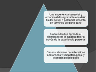 Una experiencia sensorial y
emocional desagradable con daño
tisular actual o potencial, descrito
en términos de dicho daño
Cada individuo aprende el
significado de la palabra dolor a
través de la experiencia personal
Causas: diversas características
anatómicas y fisiopatológicas, y
aspectos psicológicos
 