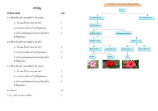 สารบัญ
หัวข้อนำเสนอ หน้า
1.การศึกษาโครงสร้างดอกชนิดที่ 1 คือ ชวนชม
1.1 ลักษณะทั่วไปทางพฤกษศาสตร์ 1
1.2 องค์ประกอบโครงสร้างสำคัญของดอก 2
1.3 ตัวอย่างแห้งแสดงองค์ประกอบโครงสร้าง 3
สำคัญของดอก
2.การศึกษาโครงสร้างดอกชนิดที่ 2 คือ ชบา
2.1 ลักษณะทั่วไปทางพฤกษศาสตร์ 4
2.2 องค์ประกอบโครงสร้างสำคัญของดอก 5
2.3 ตัวอย่างแห้งแสดงองค์ประกอบโครงสร้าง 6
สำคัญของดอก
3.การศึกษาโครงสร้างดอกชนิดที่ 3 คือ กุหลาบ
3.1 ลักษณะทั่วไปทางพฤกษศาสตร์ 7
3.2 องค์ประกอบโครงสร้างสำคัญของดอก 8
3.3 ตัวอย่างแห้งแสดงองค์ประกอบโครงสร้าง 9
สำคัญของดอก
4.ภาคผนวก 10
5.Clip VDO ประกอบการศึกษา 11
 