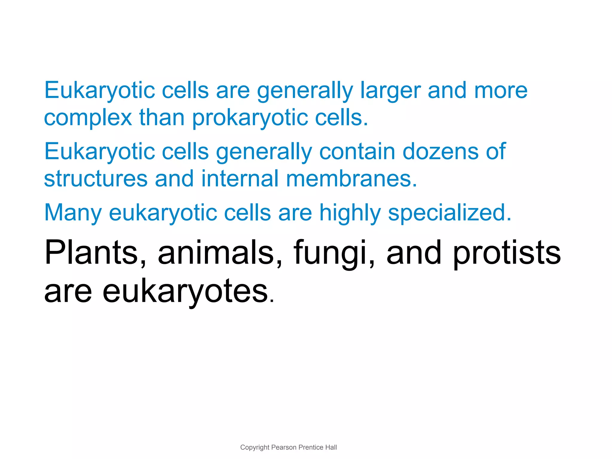 Eukaryotic cells are generally larger and more 
complex than prokaryotic cells. 
Eukaryotic cells generally contain dozens of 
structures and internal membranes. 
Many eukaryotic cells are highly specialized. 
Plants, animals, fungi, and protists 
are eukaryotes. 
Copyright Pearson Prentice Hall 
 