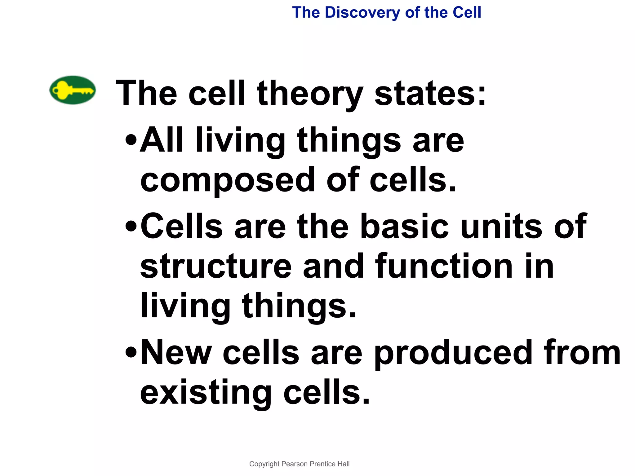 The Discovery of the Cell 
The cell theory states: 
•All living things are 
composed of cells. 
•Cells are the basic units of 
structure and function in 
living things. 
•New cells are produced from 
existing cells. 
Copyright Pearson Prentice Hall 
 