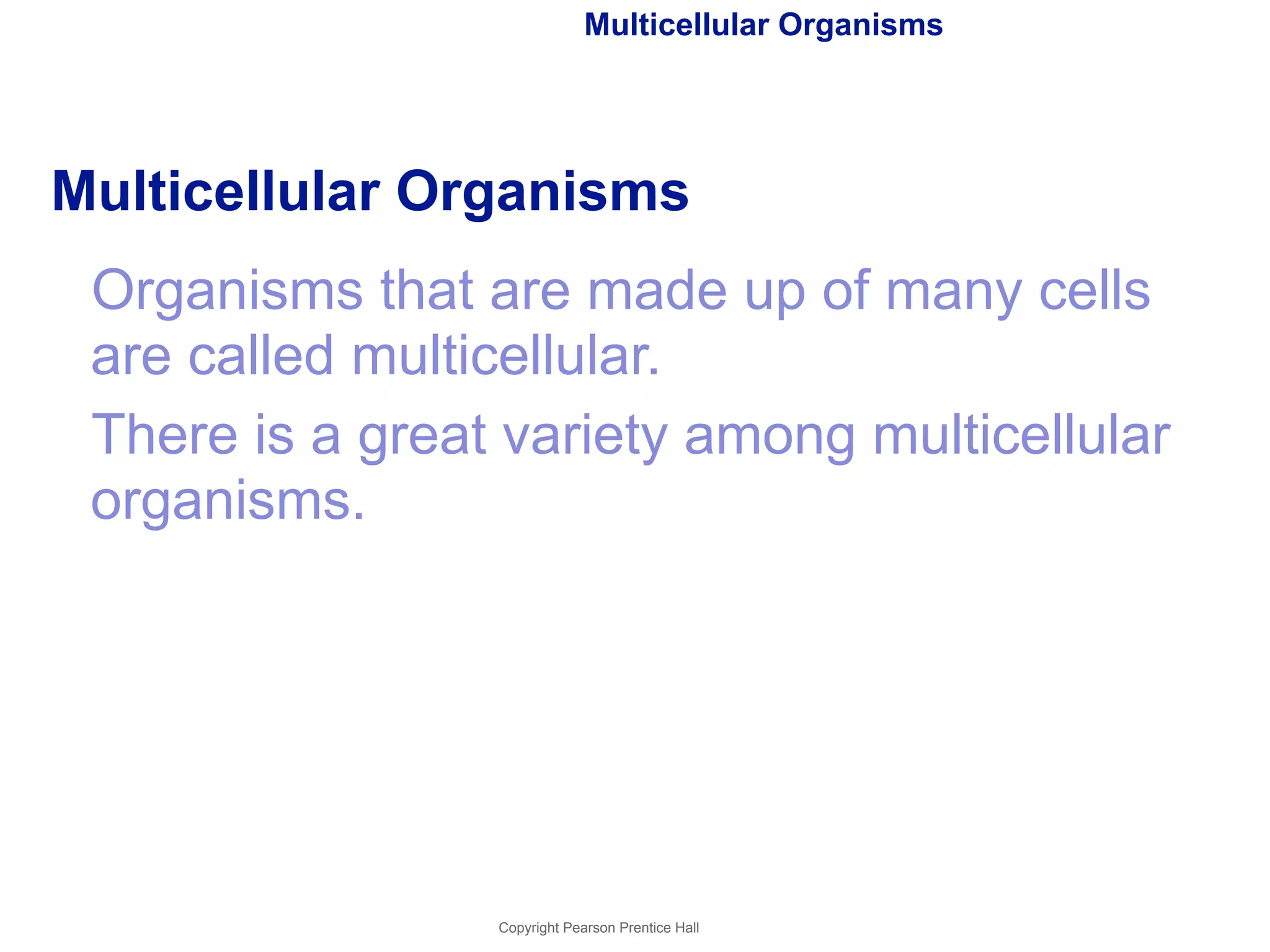 Multicellular Organisms 
Multicellular Organisms 
Organisms that are made up of many cells 
are called multicellular. 
There is a great variety among multicellular 
organisms. 
Copyright Pearson Prentice Hall 
 