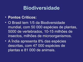 Biodiversidade
• Pontos Críticos:
• O Brasil tem 1/5 da Biodiversidade
mundial, com 50 000 espécies de plantas,
5000 de vertebrados, 10-15 milhões de
insectos, milhões de microorganismos.
• A Índia apresenta 8% das espécies
descritas, com 47 000 espécies de
plantas e 81 000 de animais.
 