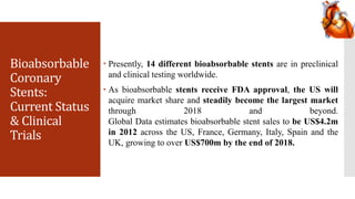 Bioabsorbable
Coronary
Stents:
Current Status
& Clinical
Trials
 Presently, 14 different bioabsorbable stents are in preclinical
and clinical testing worldwide.
 As bioabsorbable stents receive FDA approval, the US will
acquire market share and steadily become the largest market
through 2018 and beyond.
Global Data estimates bioabsorbable stent sales to be US$4.2m
in 2012 across the US, France, Germany, Italy, Spain and the
UK, growing to over US$700m by the end of 2018.
 