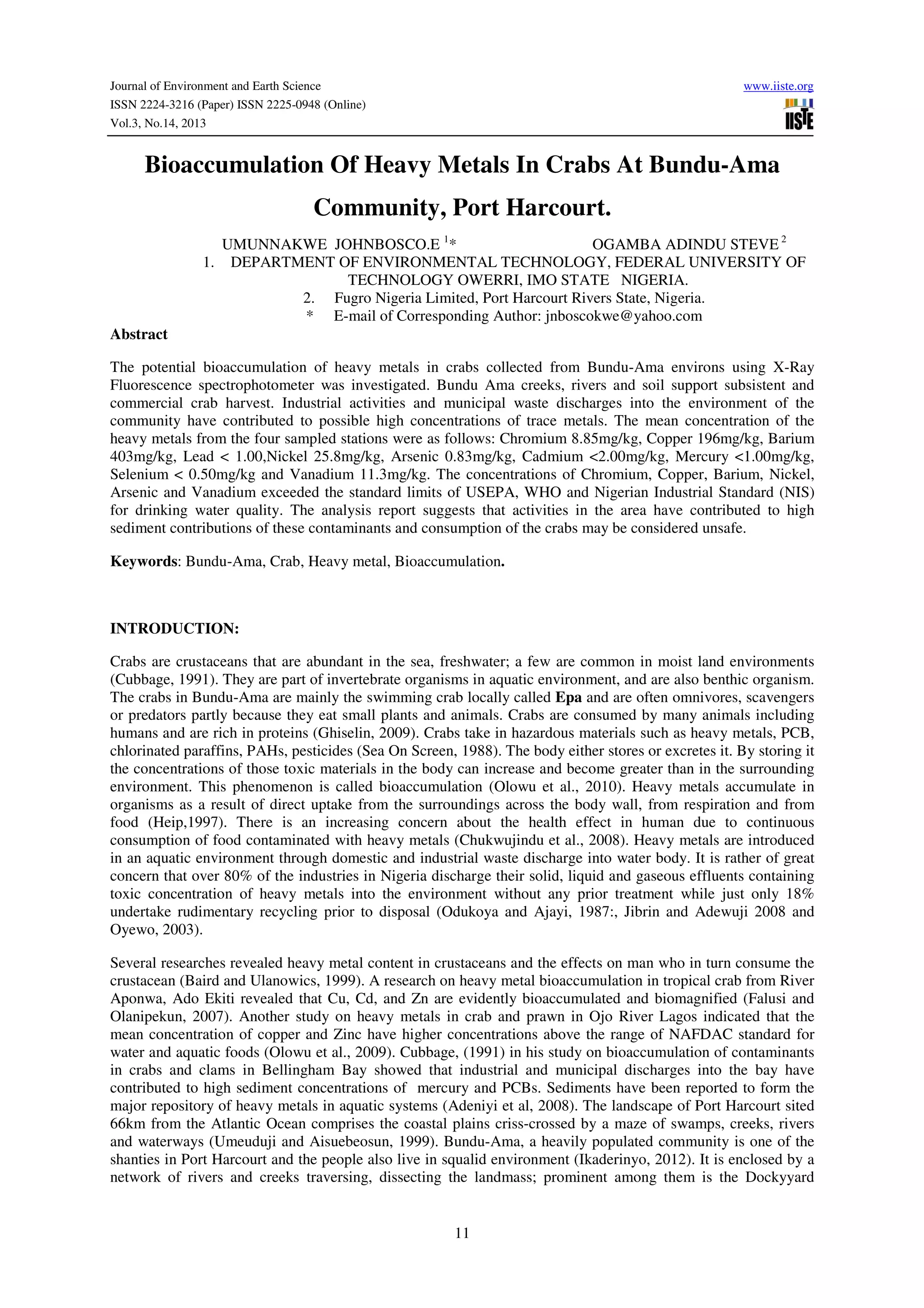 Bioaccumulation of heavy metals in crabs at bundu ama community, port ...