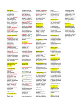 Bioactivacion .conjunto de reacciones
metabolicas q
incrementan la
toxicidad de los
xenobioticos.ejemplo(e
st es unmetodo q
permite eliminar als
pulgas sin afectar al
animal ps la acción del
insecticida se produce
en el interior de la pulga
en su sist
nervioso),Mecanismo
de bioactivacionexisten 2 tipos
(inducción de enzimas y
inhibición d enzimas)
Clases de plaguicidas(x
su naturaleza
química,organoclorados
,organofosforados,carb
a matos,derivados de la
urea,compsts
heterocíclicos e
inorgánicos;xsu
toxicidad,supertx,extre
madamente tx,muy
tx,moderadamentetx,lig
eramentetx,prácticame
nte no tx.xsu
persistencia(superviven
cia en el medio
muypersitentes(organo
clorados),moderadame
nt,no
persitents(organofosfor
ados,carbamatos)
Mecanismos de acción
bioquímica de los
pesticidas.*organoclorados:
absorción (por vía
digestiva
principalmente),
mecanismo de acción
(poseen acción
neurotrópica), en el
hombre al = q en el
medio ambiente se
degradan lentamente y
tienen una gran
afinidad por los tejidos
grasos, muestra-la
sangre es la muestra
más adecuada para la
búsqueda de
plaguicidas
organoclorados.
*organofosforados(un
grupo de químicos
usados como

plaguicidas artificiales
aplicadospara controlar
laspoblaciones de
plagas de insectos) :
absorción (los esteres
fosforados se absorben
fácilmente a través de
la piel y + rápido xla vía
digestiva), mecanismo
de acción (actúan
combinándose con gran
afinidad con cierto tipo
de este rasas.la función
de la colinesterasa es la
hidrólisis de la
acetilcolina.existen 2
tipos la verdadera y la
pseudocolinesterasa,
muestras (la + utilizada
es a orina de 24 hs,
colectada en embase de
vidrio y conservada en
heladera.
*carbamatos:
mecanismos de acción(
= al de los
organofosforados
uniendose alos
coinesteraras e
inactivándolas y es
reversible en menos de
1 hora, muestras(se les
encuentra en orina de
24hs se halla en
distintos tipos de
alimentos
contaminados como
elde origen vegetal)
Mecanismo de
detoxificacion
*homotoxina(sustancia
toxica para el
organismo
humano,existen2 las
endógenas(co2,acido
láctico,urea,amoniaco,o
xalato,oxalato cálcico) y
las
exógenas(mercurio,plo
mo,tabaco,café,colrant
es
alimentarios,aromatiza
ntes))*bioquímica(biotr
ansformacion o
metabolism)*fisiológica
(vomitos y
diarrea,combinación de
proteínas plasmáticas y
almacenamiento en
lostejidos, xlos
emuntorios y
excreciones como la
orina,heces,sudor,aire

expirado)*órganos(riño
nes,hígado,piel,mucosa
s,gastrointestinal)*respi
ratoria(se entiend xel
drenaje de las
homotoxinas a través
del sistema linfático
hasta el torrent
sanguíneo)
Mecanismo de
genotoxixidad y
mutagenesis(la
genotoxixidad esla
capacidad relativa de un
agente de ocasionar
dañoen el material
geneticoexisten 3
categorias
químicos,físicos,biológic
os)
Teratogénesis(se refiere
a malformacions
anatomicas
macroscópicas exsten
diferenres agentes
entre estos tenemos a
las drogas y los
químicos)
Mutagenesis(es la
producción de
mutacions sobre DNA
clonado o no.la
mutacion es genética y
biológica alteración en
la información genética
de un ser vivo)
Bioacumulables(aldrina,
captafol,clordano,comp
stts de
mercurio,dicofol,DDT,li
ndano,heptacloro,metal
es pesados)
Carcinogénesis(conjunt
o de enfermadades en
las cuals el organismo
produce un exeso de
células malignas con
crecimiento y división +
alla dlos limits normals,
a causa dlos agentes
cancinogenos como la
radiacion, productos
químicos o agentes
infecciosos)
Xenobioticos
inorgánicos(metals
pesados y
oxidos)contaminants
aatmosfericos,lluvia
acida,agents oxidants y

ozono)
lluvia acida(se ven
afctados los bosques
xlos cambios en el
suelo, se reduce la
biodiversidad
Metales tóxicos(la
contaminación a causa
dela combustión dlas
gasolinas con plomo
este llega hasta el mar
se deposita en las
branquias dlos peces
provocando problemas
respiratorios)el
mercurio es el principal
contaminante marino.
Hidrocarburos(son
compsts organicos
formados unicament x
atomos de C Y H;SON 2
tipos alifáticos(alquenos
y alquinos) y
aromaticos(monoclínico
s y policiclicos)
Gases de efecto
invernadero (gases cuya
presencia en la
atmosfera contribuyen
al efecto invernaderoxla
estructura de sus
moléculas)
Gases implicados nla
contaminación(vapor
de H2O,me4tano
ch4,oxido de
nitrógeno,ozono,clorofl
uorocarbonato,dióxido
de asufre,amoniaco)
Grandes grupos de
contaminantes(metales
toxicos contaminación
antropogenica como el
mercurio ,plomo, cobre
,cromo,zing,bario,berili
ovanadio,niquel,talio,pl
ata; los metales de
diluyen con facilidad en
el agua pen convertirse
enletales en los
osrganismos marinos)
Toxicología de los
hidrocarburos(la
intoxicación x estos
tienden a causar
cuadros rspiratorios
severos )
CO2(es vital para la
fotosíntesis es tmb

contamínate porq el
aumento dlos niveles d
este gas nla atmosfera
esta afectando el clima
dela tierra, causa la a
cidificacion dlas aguas d
océanos y el efecto
sobre los ecosistemas
marinos)
Efectos de la
contaminación en la
naturaleza(la calidad
delo aire puede matar
organismos incluyendo
alos humanos, causa
muchas enfermedades
y stas dependen del
contaminant q las cause
generalment son dlos
ojos y respiración)

 