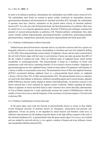 Int. J. Mol. Sci. 2015, 16 22494
In order to be defined as prebiotic carbohydrates the carbohydrate must fulfill certain criteria [67,87].
The carbohydrate must firstly be resistant to gastric acidity, hydrolysis by mammalian enzymes,
gastrointestinal absorption and fermentation by intestinal microflora [87]; Secondly, the carbohydrate
in question must have selective stimulation on the growth and/or activity of intestinal probiotic
bacteria [87]. As is the case with all functional foods, the final demonstration of a prebiotic effect must
be carried out in vivo using the appropriate species. Recently O’Sullivan and colleagues examined the
potential of seaweed polysaccharides as prebiotics [10]. Potential prebiotic carbohydrates from plant
sources include soybean oligosaccharides, glucooligosaccharides, cyclodextrins, gentiooligosaccharide,
germinated barley, oligodextrans, glucuronic acid, pectic oligosaccharide and whole grains [88].
4.1.1. Prebiotics Carbohydrates in Brown Seaweeds
Sulfated fucans derived from brown seaweeds such as Ascophyllum nodosum and Fucus species are
frequently referred to as fucans, fucosan, fucansulphate or fucoidans and were first isolated by Killing
in 1913 [89]. These polysaccharides consist mainly of sulphated L-fucose and are easily extracted from
the cell wall of brown algae with hot water or acid solutions. Fucans can make up greater than 40% of
the dry weight of isolated cell walls. There are different types of sulphated fucans which include
ascophyllan or xylofucoglycuronan. This polysaccharide is based on a backbone of uronic acid
(mannuronic acid) with fucose containing branches (3-O-D-xylosyl-L-fucose-4-sulfate). Sargassans or
glycuronofucoglycan are also sulphated fucans, based on linear chains of D-galactose with branches of
L-fucose-3-sulfate or occasionally uronic acid. The International Union of Pure and Applied Chemistry
(IUPAC) recommend defining sulphated fucan as a polysaccharide based mainly on sulphated
L-fucose, with less than 10% of other monosaccharides [82]. The polysaccharides known as alginates
are used in the food industry as thickeners, stabilizers and gelling agents and in recent decades, alginates
(E400–E404) have become widely adopted as dietetic food hydrocolloids. Ascophyllum nodosum is the
brown seaweed that is most exploited for alginate content worldwide. Studies regarding the dietary
effects of alginates on faecal microbial fauna in male volunteers have shown that daily administration
of 10 g of Sodium alginate for 2 weeks significantly increases the content of Bifidobacteria, while the
number of Enterobacteriacea and the frequency of the occurrence of lectinase-negative Clostridia tend
to decrease [90].
4.1.2. Prebiotic Carbohydrates in Green Seaweeds
In the green algae, most work has focused on polysaccharides known as ulvans as they display
several biological activities of potential interest for therapeutic, nutraceutical and personal care
applications. Ulvans are poorly or not degraded by faecal bacteria and therefore could serve as
stabilizers and promoters for the binding of growth factors to the high affinity receptors of the cells in
the intestinal membrane [91]. A polysaccharide from the green marine algae Ulva lactuca was isolated
and was studied for antiviral activity in vitro against a number of human and avian influenza viruses
and considerable inhibition detected [92].
 