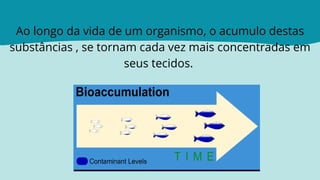 Ao longo da vida de um organismo, o acumulo destas
substâncias , se tornam cada vez mais concentradas em
seus tecidos.
 