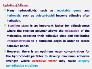 Hydration of Adhesives
Many hydrocolloids, such as vegetable gums and
hydrogels, such as polycarbophil become adhesive after
hydration.
 Swelling state is an important factor for adhesiveness
where the swollen polymer allows the relaxation of the
molecules, exposing their adhesive sites and facilitating
interpenetration to a sufficient depth in order to create
adhesive bonds.
However, there is an optimum water concentration for
the hydrocolloid particles to develop maximum adhesive
strength where excessive water may cause slippery
nonadhesive mucilage.
 