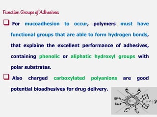 Function Groups of Adhesives:
 For mucoadhesion to occur, polymers must have
functional groups that are able to form hydrogen bonds,
that explaine the excellent performance of adhesives,
containing phenolic or aliphatic hydroxyl groups with
polar substrates.
 Also charged carboxylated polyanions are good
potential bioadhesives for drug delivery.
 