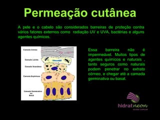 A pele e o cabelo são considerados barreiras de proteção contra
vários fatores externos como radiação UV e UVA, bactérias e alguns
agentes químicos.
Essa barreira não é
impermeável. Muitos tipos de
agentes químicos e naturais ,
tanto seguros como naturais
podem penetrar no extrato
córneo, e chegar até a camada
germinativa ou basal.
Permeação cutânea
 