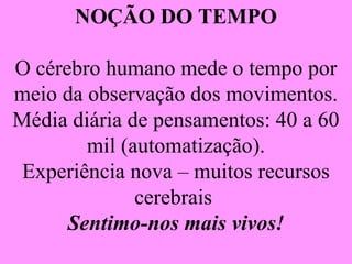NOÇÃO DO TEMPO O cérebro humano mede o tempo por meio da observação dos movimentos. Média diária de pensamentos: 40 a 60 mil (automatização). Experiência nova – muitos recursos cerebrais  Sentimo-nos mais vivos! 