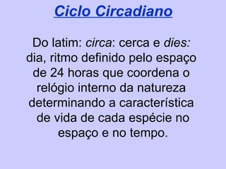 Ciclo Circadiano Do latim:  circa : cerca e  dies:   dia, ritmo definido pelo espaço  de 24 horas que coordena o  relógio interno da natureza  determinando a característica  de vida de cada espécie no espaço e no tempo. 