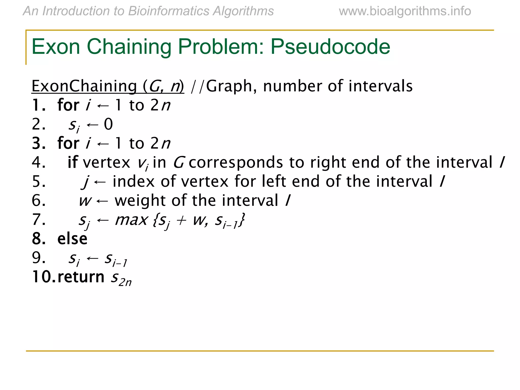 ExonChaining (G, n) //Graph, number of intervals
1. for i ← 1 to 2n
2. si ← 0
3. for i ← 1 to 2n
4. if vertex vi in G corresponds to right end of the interval I
5. j ← index of vertex for left end of the interval I
6. w ← weight of the interval I
7. sj ← max {sj + w, si-1}
8. else
9. si ← si-1
10.return s2n
Exon Chaining Problem: Pseudocode
 