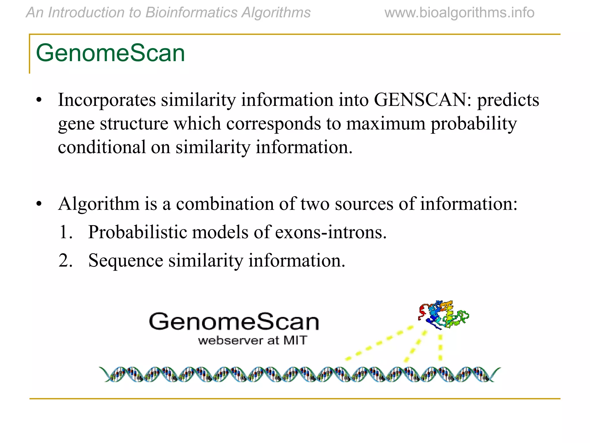 GenomeScan
• Incorporates similarity information into GENSCAN: predicts
gene structure which corresponds to maximum probability
conditional on similarity information.
• Algorithm is a combination of two sources of information:
1. Probabilistic models of exons-introns.
2. Sequence similarity information.
 