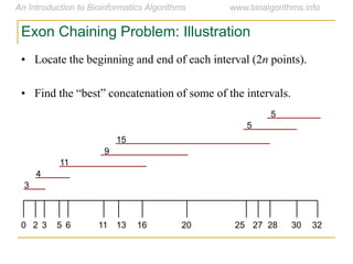 • Locate the beginning and end of each interval (2n points).
• Find  the  “best”  concatenation  of  some  of  the  intervals.
3
4
11
9
15
5
5
0 2 3 5 6 11 13 16 20 25 27 28 30 32
Exon Chaining Problem: Illustration
 