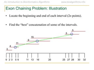 • Locate the beginning and end of each interval (2n points).
• Find  the  “best”  concatenation  of  some  of  the  intervals.
3
4
11
9
15
5
5
0 2 3 5 6 11 13 16 20 25 27 28 30 32
Exon Chaining Problem: Illustration
 
