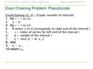 ExonChaining (G, n) //Graph, number of intervals
1. for i ← 1 to 2n
2. si ← 0
3. for i ← 1 to 2n
4. if vertex vi in G corresponds to right end of the interval I
5. j ← index of vertex for left end of the interval I
6. w ← weight of the interval I
7. sj ← max {sj + w, si-1}
8. else
9. si ← si-1
10.return s2n
Exon Chaining Problem: Pseudocode
 