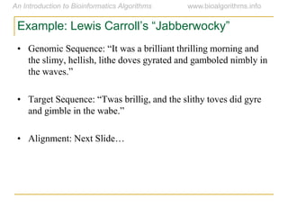 Example:  Lewis  Carroll’s  “Jabberwocky”
• Genomic  Sequence:  “It  was  a  brilliant  thrilling  morning  and  
the slimy, hellish, lithe doves gyrated and gamboled nimbly in
the  waves.”
• Target  Sequence:  “Twas  brillig,  and  the  slithy  toves  did  gyre  
and  gimble  in  the  wabe.”
• Alignment:  Next  Slide…    
 