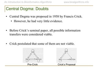 Central Dogma: Doubts
• Central Dogma was proposed in 1958 by Francis Crick.
• However, he had very little evidence.
• Before Crick‟s seminal paper, all possible information
transfers were considered viable.
• Crick postulated that some of them are not viable.
Pre-Crick Crick’s Proposal
 