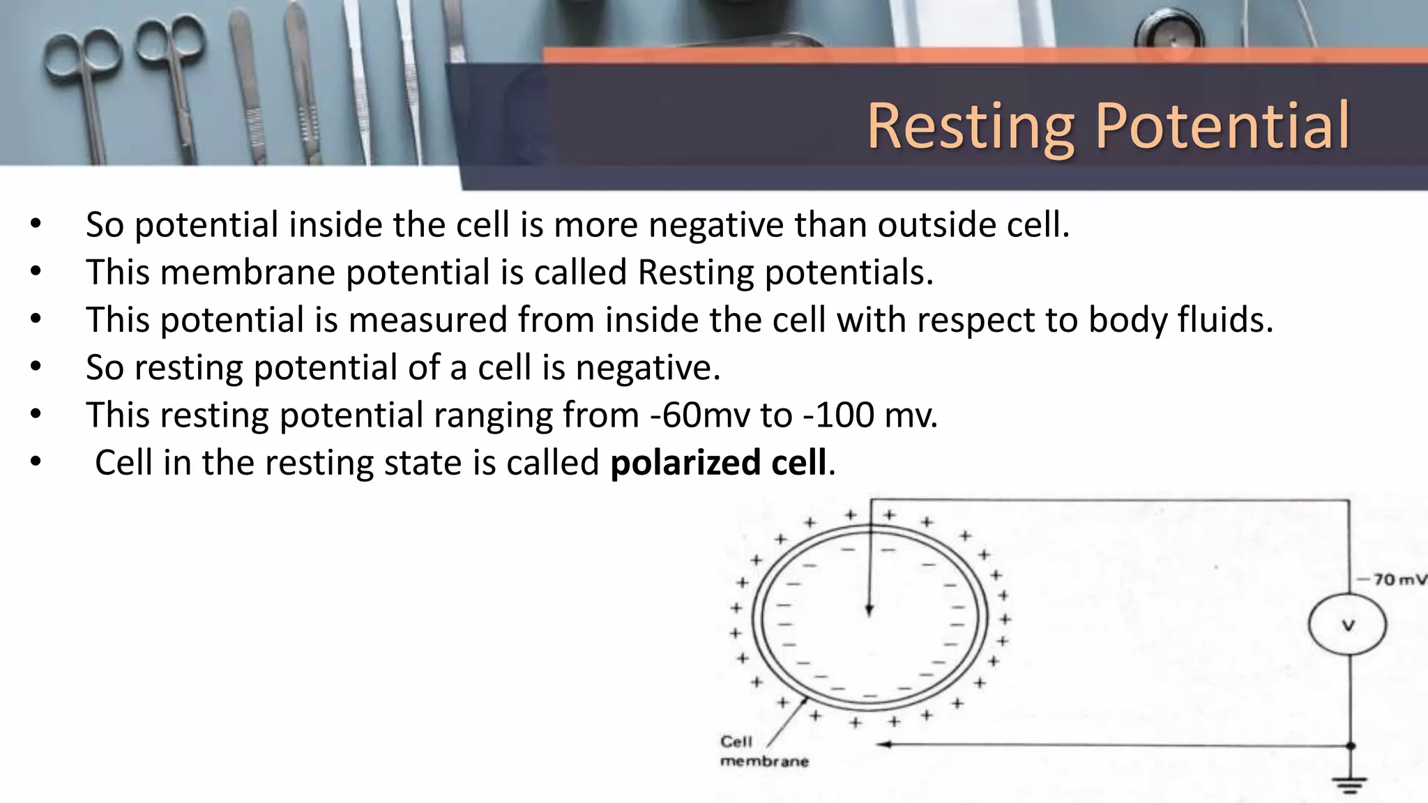 Resting Potential
• So potential inside the cell is more negative than outside cell.
• This membrane potential is called Resting potentials.
• This potential is measured from inside the cell with respect to body fluids.
• So resting potential of a cell is negative.
• This resting potential ranging from -60mv to -100 mv.
• Cell in the resting state is called polarized cell.
 