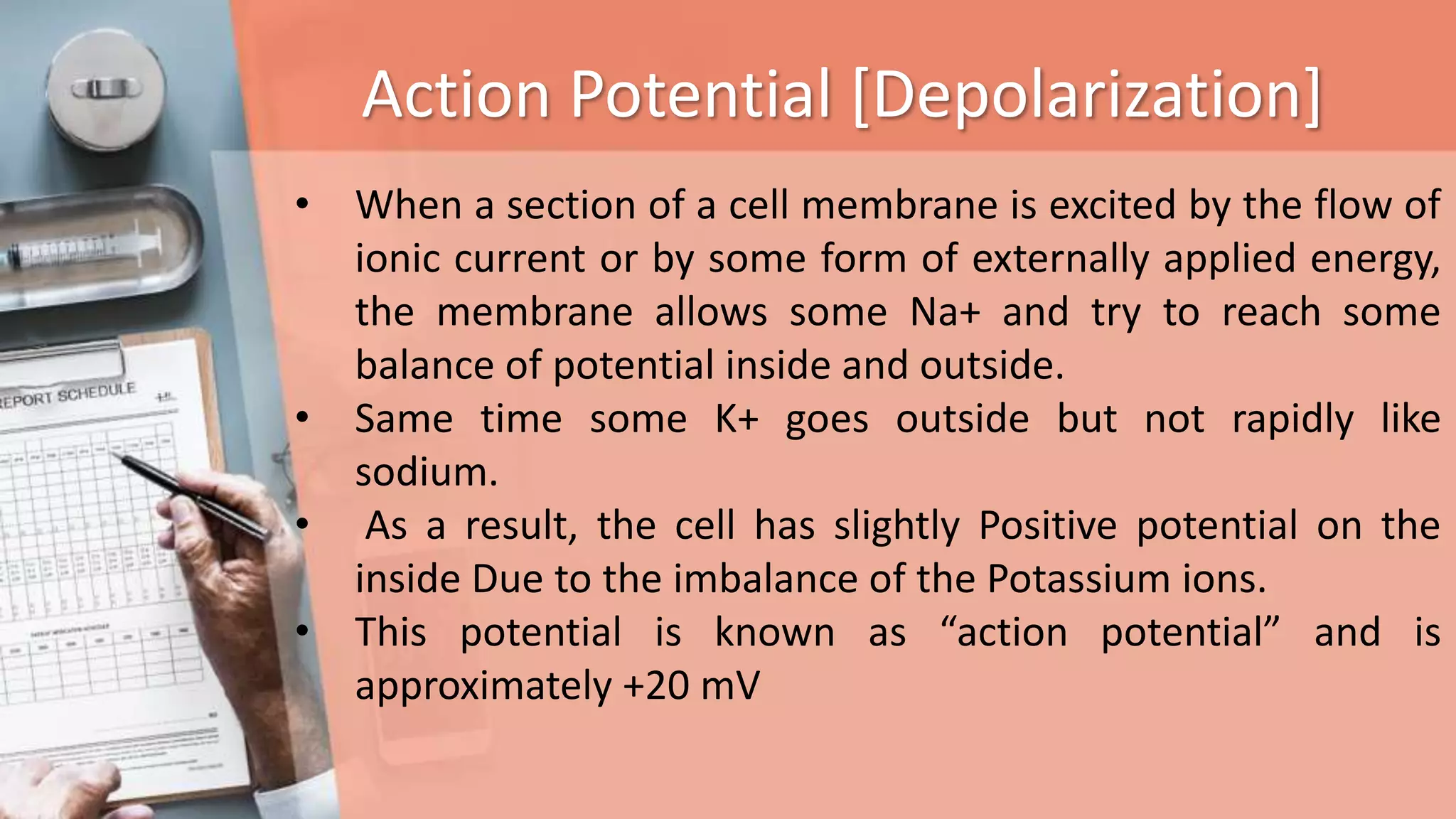 Action Potential [Depolarization]
• When a section of a cell membrane is excited by the flow of
ionic current or by some form of externally applied energy,
the membrane allows some Na+ and try to reach some
balance of potential inside and outside.
• Same time some K+ goes outside but not rapidly like
sodium.
• As a result, the cell has slightly Positive potential on the
inside Due to the imbalance of the Potassium ions.
• This potential is known as “action potential” and is
approximately +20 mV
 