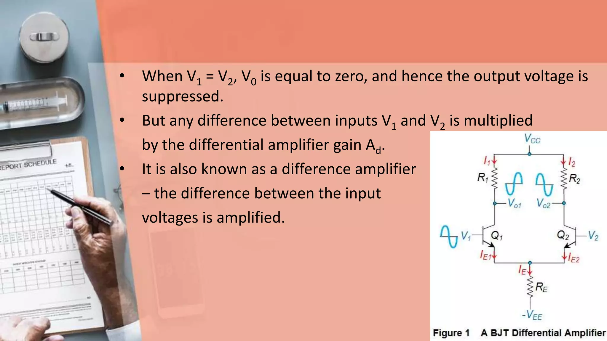 • When V1 = V2, V0 is equal to zero, and hence the output voltage is
suppressed.
• But any difference between inputs V1 and V2 is multiplied
by the differential amplifier gain Ad.
• It is also known as a difference amplifier
– the difference between the input
voltages is amplified.
 
