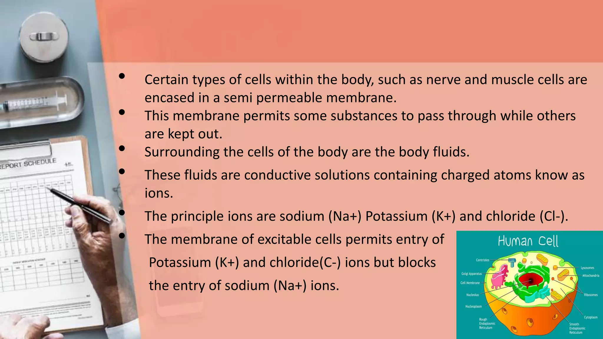 • Certain types of cells within the body, such as nerve and muscle cells are
encased in a semi permeable membrane.
• This membrane permits some substances to pass through while others
are kept out.
• Surrounding the cells of the body are the body fluids.
• These fluids are conductive solutions containing charged atoms know as
ions.
• The principle ions are sodium (Na+) Potassium (K+) and chloride (Cl-).
• The membrane of excitable cells permits entry of
Potassium (K+) and chloride(C-) ions but blocks
the entry of sodium (Na+) ions.
 