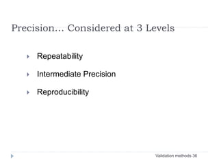 Validation methods 36
Precision… Considered at 3 Levels
 Repeatability
 Intermediate Precision
 Reproducibility
 