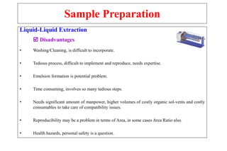 Sample Preparation
Liquid-Liquid Extraction
 Disadvantages
• Washing/Cleaning, is difficult to incorporate.
• Tedious process, difficult to implement and reproduce, needs expertise.
• Emulsion formation is potential problem.
• Time consuming, involves so many tedious steps.
• Needs significant amount of manpower, higher volumes of costly organic sol-vents and costly
consumables to take care of compatibility issues.
• Reproducibility may be a problem in terms of Area, in some cases Area Ratio also.
• Health hazards, personal safety is a question.
 