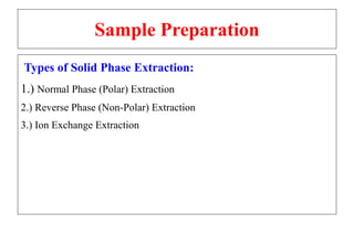 Sample Preparation
Types of Solid Phase Extraction:
1.) Normal Phase (Polar) Extraction
2.) Reverse Phase (Non-Polar) Extraction
3.) Ion Exchange Extraction
 