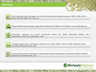 Materialien




         Bio Kunststoffe welche folgende aus Erdöl stammende Kunststoffe ersetzen: HDPE, LDPE, PVC-U,
         PVC-P, PP, PET, ABS, TPE, TPU, etc.



         Biokunststoffe können gegen einige Säuren, Alkohol, Öl, Wasser, UV Strahlen, usw. beständig sein.




         Proprietäre, exklusive und andere Compounds basiert auf: Stärke, Pflanzliche Abfälle, Holz,
         Naturfasern, PHA, PLA, Copolyester, usw..



         Verarbeitungsbereiche: Spritzguss, extrusion von Folien, Platten, Rohre, Profile, Blasfolien, Blow
         moulding, Thermoformung, usw.



         Anwendungsbereiche: Packaging, Lebensmittel Industrie, Spielzeuge, Automotive, Medizin, Elektrik,
         Bauwesen, Landwirtschaft, usw.
 
