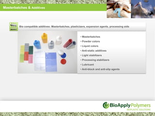 Masterbatches & Additives




         Bio compatible additives: Masterbatches, plasticizers, expansion agents, processing aids


                                                         • Masterbatches
                                                         • Powder colors
                                                         • Liquid colors
                                                         • Anti-static additives
                                                         • Light stabilizers
                                                         • Processing stabilizers
                                                         • Lubricant
                                                         • Anti-block and anti-slip agents
 