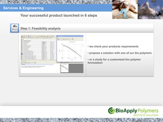 Services & Engineering

         Your successful product launched in 6 steps


         Step 1: Feasibility analysis




                                              • we check your products requirements

                                              • propose a solution with one of our bio polymers

                                              • or a study for a customized bio polymer
                                              formulation
 