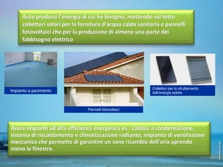 Auto prodursi l’energia di cui ha bisogno, mettendo sul tetto collettori solari per la fornitura d'acqua calda sanitaria e pannelli fotovoltaici che per la produzione di almeno una parte del fabbisogno elettrico Collettori per lo sfruttamento dell’energia solare Impianto a pavimento Pannelli fotovoltaici Avere impianti ad alta efficienza energetica es.: caldaia a condensazione, sistema di riscaldamento e climatizzazione radiante, impianto di ventilazione meccanica che permette di garantire un sano ricambio dell'aria aprendo meno le finestre. 