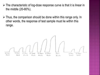 The characteristic of log-dose response curve is that it is linear in
the middle (20-80%).
Thus, the comparison should be done within this range only. In
other words, the response of test sample must lie within this
range.
 