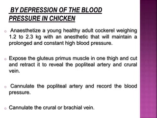 o Anaesthetize a young healthy adult cockerel weighing
1.2 to 2.3 kg with an anesthetic that will maintain a
prolonged and constant high blood pressure.
o Expose the gluteus primus muscle in one thigh and cut
and retract it to reveal the popliteal artery and crural
vein.
o Cannulate the popliteal artery and record the blood
pressure.
o Cannulate the crural or brachial vein.
 