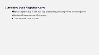 Cumulative Dose Response Curve
●Increase conc of drug in bath fluid step by stepwithout washing out the preceeding doses
●Continue till supramaximal effect is seen
● Dose response curve is plotted
 