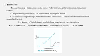 2) Quantal assay
Quantal response - the response is in the form of "all or none", i.e. either no response or maximum
response.
* Drugs producing quantal effect can be bioassayed by end point method .
* The threshold dose producing a predetermined effect is measured Comparison between the results of
standard and the test .
E.g: Bioassay of digitalis in cats,Insulin induced hypoglycemic convulsions in rat
Conc of Unknown = Threshold dose of the Std / Threshold dose of the Test X Conc of Std
 