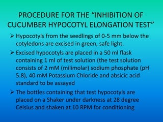 PROCEDURE FOR THE “INHIBITION OF
CUCUMBER HYPOCOTYL ELONGATION TEST”
 Hypocotyls from the seedlings of 0-5 mm below the
cotyledons are excised in green, safe light.
 Excised hypocotyls are placed in a 50 ml flask
containing 1 ml of test solution (the test solution
consists of 2 mM (milimolar) sodium phosphate (pH
5.8), 40 mM Potassium Chloride and absicic acid
standard to be assayed
 The bottles containing that test hypocotyls are
placed on a Shaker under darkness at 28 degree
Celsius and shaken at 10 RPM for conditioning
 