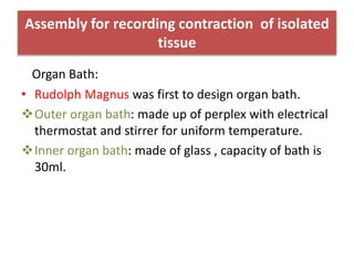 Assembly for recording contraction of isolated
tissue
Organ Bath:
• Rudolph Magnus was first to design organ bath.
Outer organ bath: made up of perplex with electrical
thermostat and stirrer for uniform temperature.
Inner organ bath: made of glass , capacity of bath is
30ml.
 