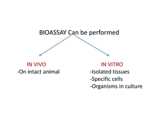 BIOASSAY Can be performed
IN VIVO
-On intact animal
IN VITRO
-Isolated tissues
-Specific cells
-Organisms in culture
 
