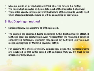 • Mice are put in an air incubator at 33ᵒC & observed for one & a half hr.
• The mice which convulse or die are taken out of the incubator & observed.
• These mice usually convulse severely but failure of the animal to upright itself
when placed on its back, should as will be considered as convulsion.
3. Rat Diaphragm method
• Sprague Dawley rats weighing 70-100 g are used.
• The animals are sacrificed during anesthesia & the diaphragms still attached
to the rib cages are carefully removed, released from the rib cages & adhering
connective & fat tissues, washed in PBS, spread out & divided into two equal
pieces as described by Muller & coworker (1194).
• For assaying the effects of insulin/ compounds/ drugs, the hemidiaphragms
are incubated in KRH buffer gassed with carbogen (95% O2/ 5% CO2) in the
presence of 5mM glucose.
 