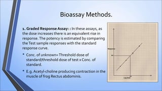 Bioassay Methods.
1. Graded Response Assay: : In these assays, as
the dose increases there is an equivalent rise in
response.The potency is estimated by comparing
theTest sample responses with the standard
response curve.
• Conc. of unknown=Threshold dose of
standard/threshold dose of test x Conc. of
standard.
• E.g. Acetyl-choline producing contraction in the
muscle of frog Rectus abdominis.
 