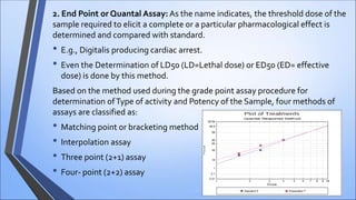 2. End Point or Quantal Assay: As the name indicates, the threshold dose of the
sample required to elicit a complete or a particular pharmacological effect is
determined and compared with standard.
• E.g., Digitalis producing cardiac arrest.
• Even the Determination of LD50 (LD=Lethal dose) or ED50 (ED= effective
dose) is done by this method.
Based on the method used during the grade point assay procedure for
determination ofType of activity and Potency of the Sample, four methods of
assays are classified as:
• Matching point or bracketing method
• Interpolation assay
• Three point (2+1) assay
• Four- point (2+2) assay
 